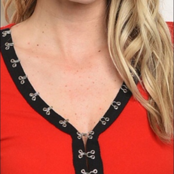 Red Cold Shoulder With Black Trim Eye Hook Closure Front Top - Picture 3 of 8